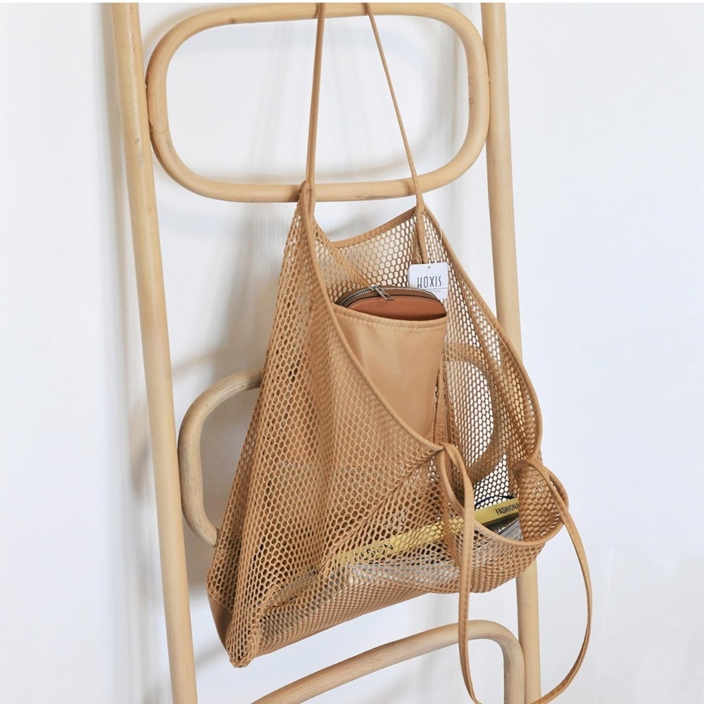 Taupe Mesh Beach Tote Womens Lightweight Shopping Shoulder Handbag - Picture 5 of 8